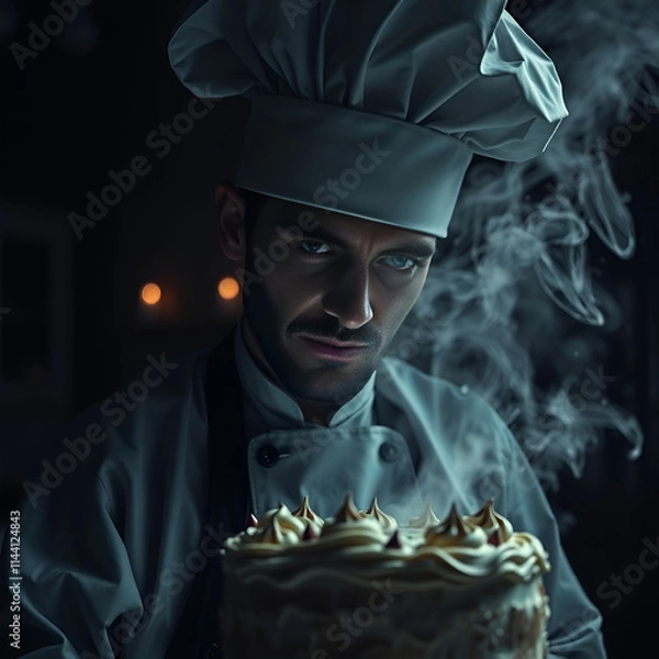 Fototapeta A high-resolution stock photo of a cake chef in an eerie, creepy atmosphere. The image is commercial-quality with dark tones and unsettling details.jpg