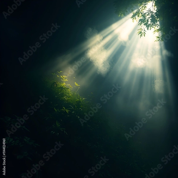 Fototapeta A high-angle perspective of a nature scene illuminated by volumetric lighting, showcasing light beams through dust or fog.jpg
