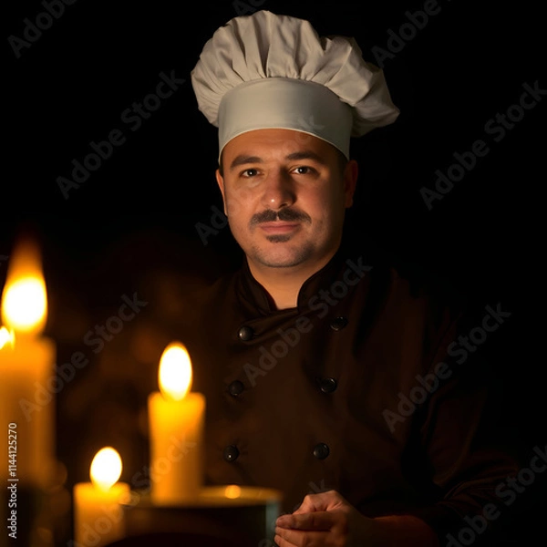 Fototapeta A chef, sharply defined against intense jet black, is illuminated by the warm glow of flickering candlelight, casting deep shadows.jpg