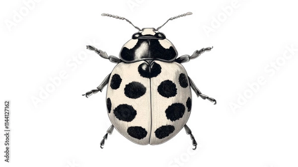 Fototapeta A Close-Up View of a Detailed Ladybug Featuring Distinct Black Spots on a White Background, Perfect for Nature and Insect Studies.