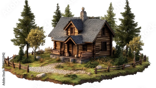 Fototapeta A charming wooden cabin surrounded by tall trees and a gravel pathway, perfect for a peaceful retreat in nature.