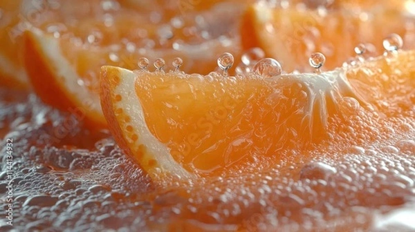 Fototapeta Close-up of orange slices submerged in bubbly water.