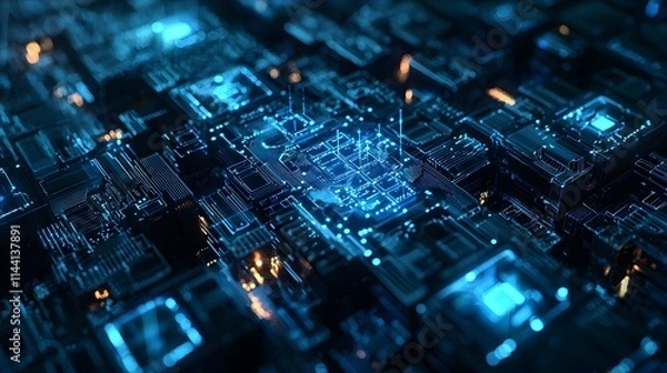 Fototapeta High-Definition Blue Quantum Circuits with Modern Texture