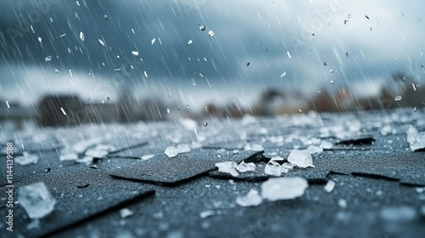 Fototapeta Hailstorm with ice pellets striking roof shingles during severe weather event.