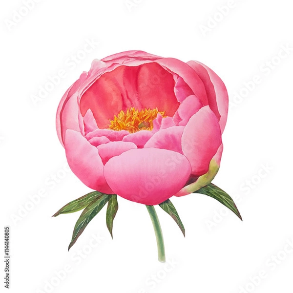 Fototapeta Watercolor realistic botanical illustration of pink peony flower. Gentle garden flower with elegant petals. For luxury flowers designs and prints