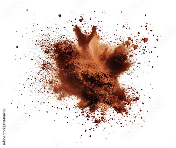 Fototapeta Explosion splash of ground dancing coffee or cocoa powder with freeze, pile of splatter of coffee grind dust powder, brown shattered, on isolated transparent background png


