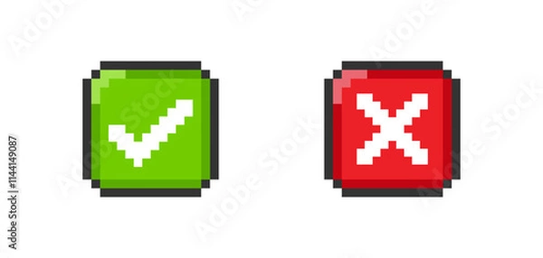 Fototapeta Pixel check mark and cross mark. 8-bit game icon. Vector isolated