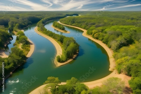 Fototapeta "Stunning River Landscape with Lush Green Forest Mountain Views, and Clear Sky in a Beautiful Natural Environment"

