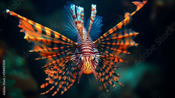 Obraz A vivid representation of a red lionfish with dramatic fins and intricate patterns, glowing underwater