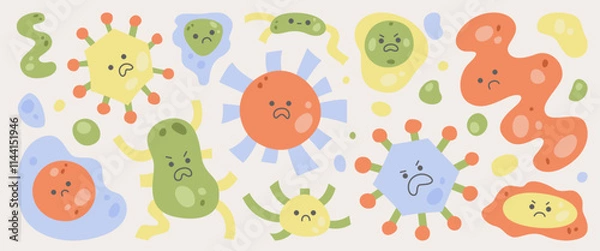 Fototapeta Cartoon bacteria, viruses, and microorganisms with angry expressions
