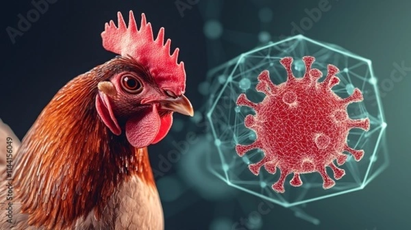 Obraz Poultry safety concept. A chicken is shown alongside a digital representation of a virus, highlighting the interaction between animals and pathogens.