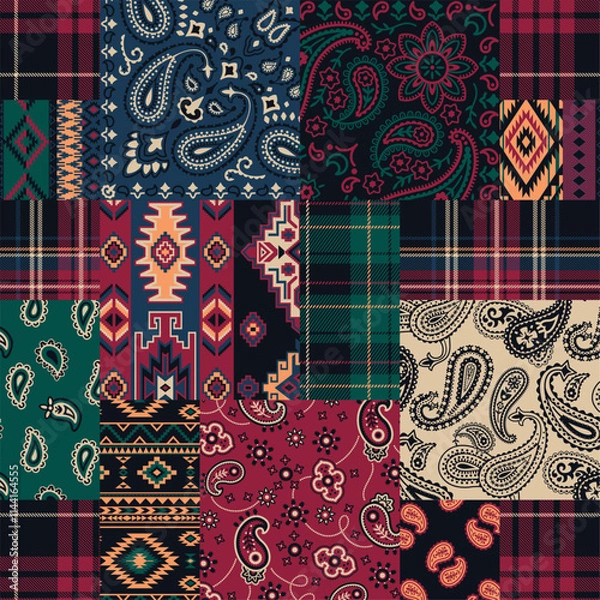 Fototapeta Bandana paisley native motifs and tartan plaid fabric patchwork abstract vector seamless pattern for scarf kerchief shirt fabric wrapping carpet rug tablecloth pillow