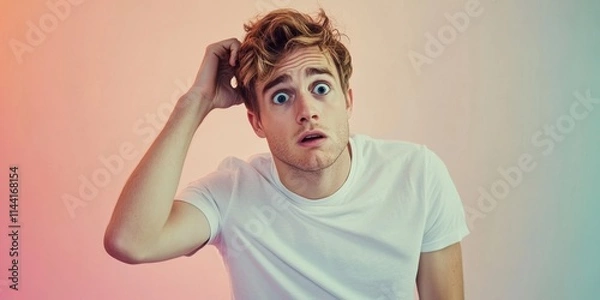 Fototapeta A surprised young man with messy hair looks confused against a colorful background.