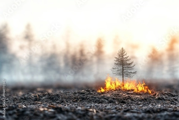 Fototapeta Burning landscape with a single tree surrounded by flames at sunset in a dramatic rural setting