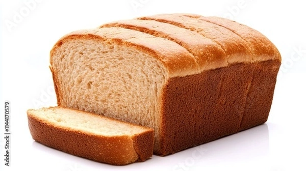 Fototapeta Bread Loaf: A fresh loaf of whole wheat bread with a golden brown crust and soft interior, isolated on a white background. 