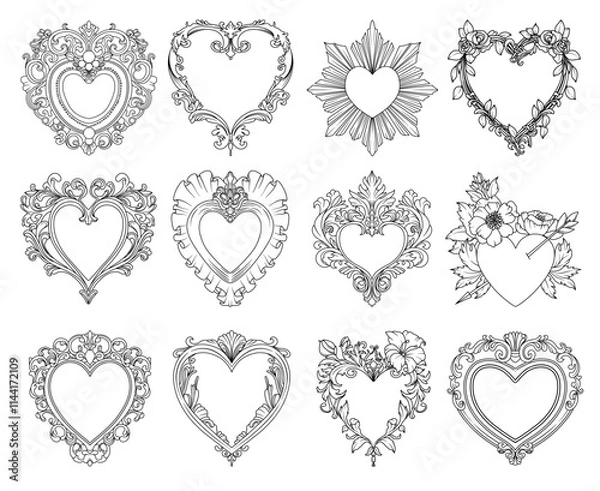 Fototapeta Set of hand drawn vector line art vintage hearts, isolated elements, line drawing wedding illustrations or design to Valentine's Day cards