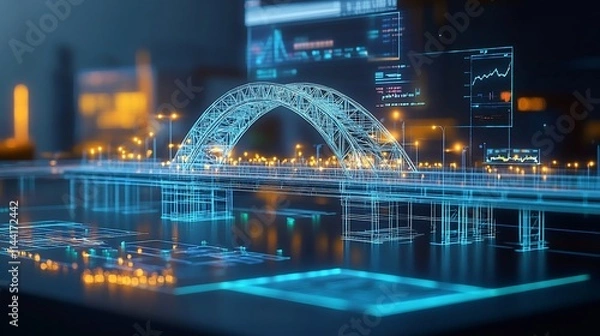 Fototapeta Futuristic city bridge digital model on screen.