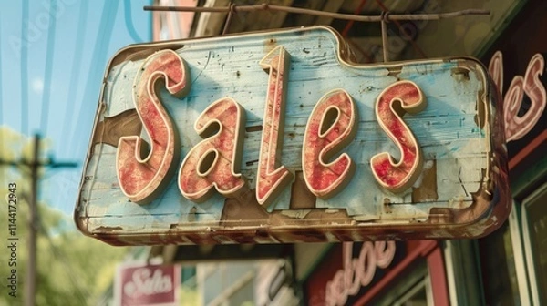 Fototapeta Vintage weathered "Sales" sign with rustic textures and classic red typography for storefront decor.