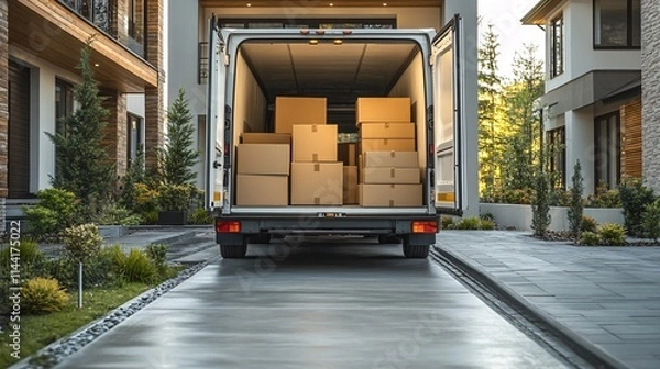 Obraz A moving truck in a residential driveway, loaded with stacked furniture and boxes, representing the organized process of home relocation and moving services.