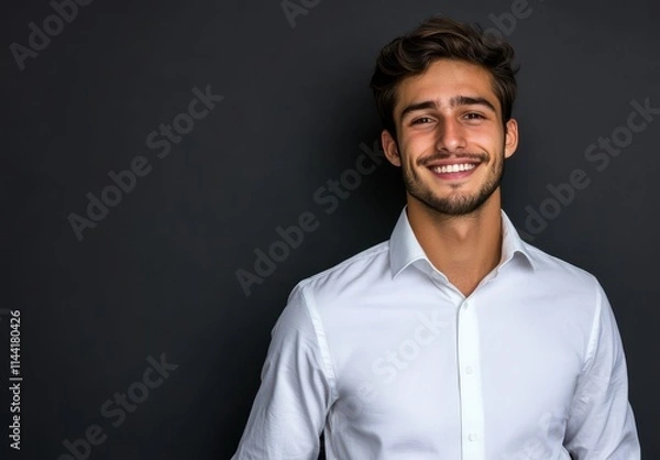 Obraz Smiling young man in white shirt against dark background, conveying confidence and happiness with natural charm and engaging personality perfect for various projects