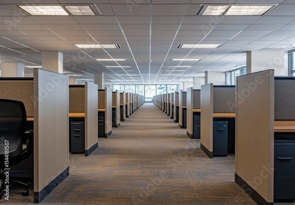 Fototapeta Spacious and Modern Office Layout Featuring Rows of Cubicles and Natural Lighting, Ideal for Corporate Environments and Remote Workspaces