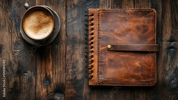 Obraz Blank paper, leather notebook, and a coffee cup on a rustic wooden table, creating a cozy, productive atmosphere for creative work.