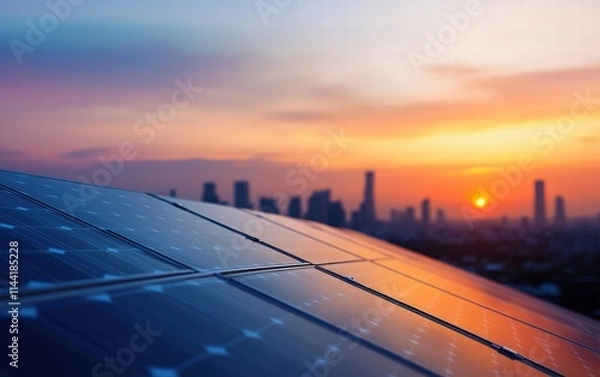 Fototapeta A single solar panels in focus, capturing sunlight, with a blurred cityscape in the background