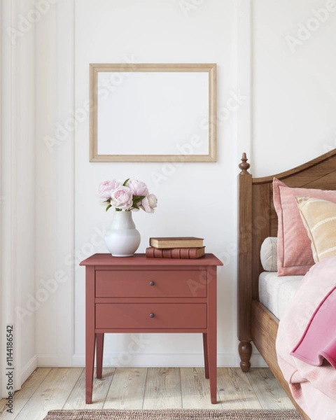 Fototapeta Romantic bedroom interior. Frame mockup. 3d render.