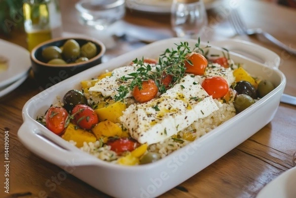 Fototapeta Greek Feta Rice Dish with Vegetables