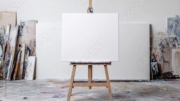 Fototapeta Blank canvas on an easel with a white background, perfect for showcasing art-related content, workshops, or creative projects