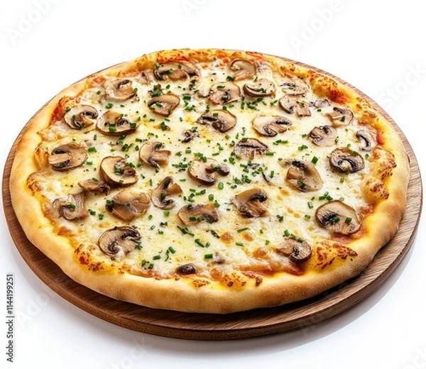 Fototapeta A top view of a round pizza with mushrooms and chives on a wooden plate, isolated on a white background.