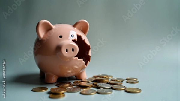Fototapeta Broken piggy bank with scattered coins, symbolizing financial struggle and the importance of budgeting