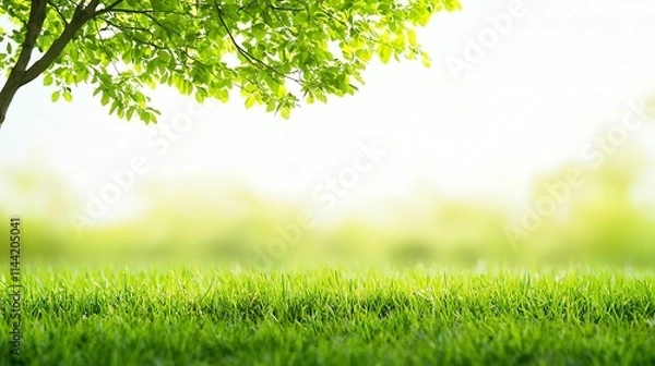 Obraz A serene landscape featuring lush green grass and vibrant leaves under soft sunlight, creating a peaceful and refreshing environment for relaxation and nature appreciation.