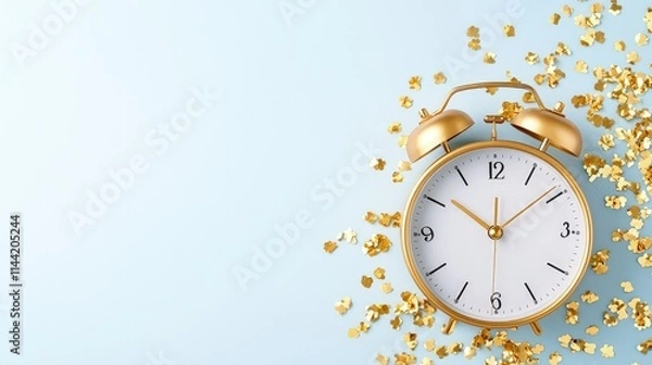 Fototapeta Gold alarm clock on blue background with confetti.