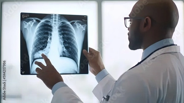 Obraz Cancer symptoms lumps concept. A doctor examines a chest X-ray, focusing on the lungs and ribs, in a well-lit medical setting.