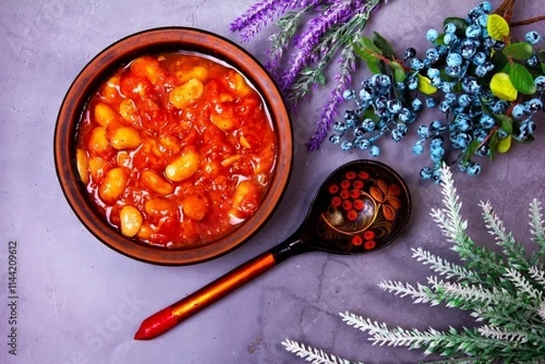 Fototapeta Bean soup, beans in tomato in a clay plate, wooden spoon, berries and herbs on a purple background