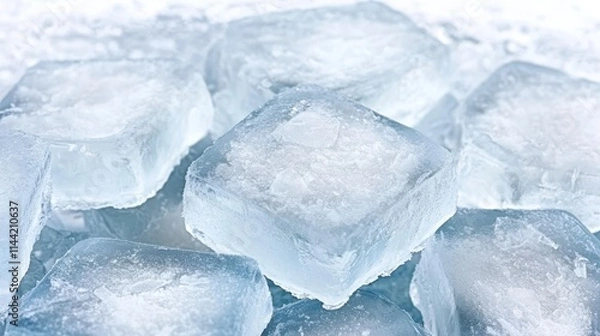 Fototapeta A close-up of clear ice cubes stacked against a frosty background, showcasing their crystalline structure and cool texture.