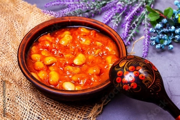 Fototapeta Bean soup, beans in tomato in a clay plate, wooden spoon, burlap, berries and herbs on a purple background