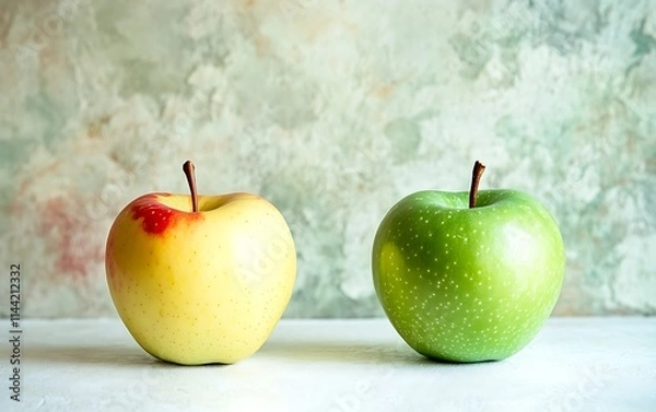 Fototapeta Two ripe apples, yellow and green, on a white surface against a textured background.