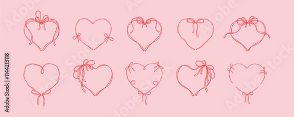 Fototapeta Valentines day elegant greeting card template. Cute line art hand drawn bow ribbon heart frame. Romantic love drawing. Coquette, flirtation, girly concept. Menu, wedding, Birthday invitation design