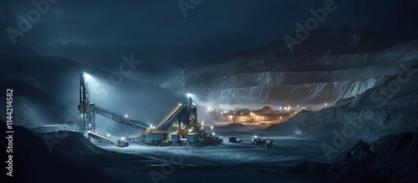 Obraz Nighttime view of an illuminated mining operation with heavy machinery.