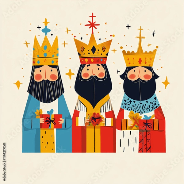 Fototapeta Whimsical Illustration of the Three Wise Men with Crowns and Gifts in Festive Style