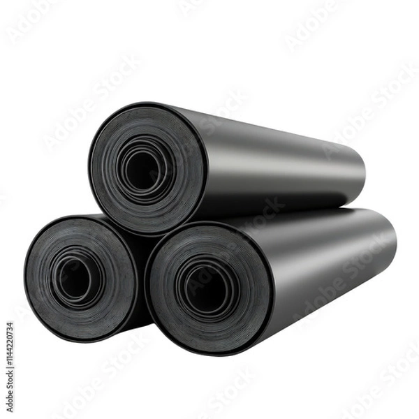 Fototapeta Rolls of new black roofing felt stacked together, showcasing their smooth texture and cylindrical shape, ideal for construction and roofing projects