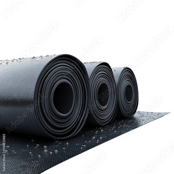 Fototapeta Rolls of new black roofing felt or bitumen, showcasing textured surface with water droplets, ideal for construction and roofing projects