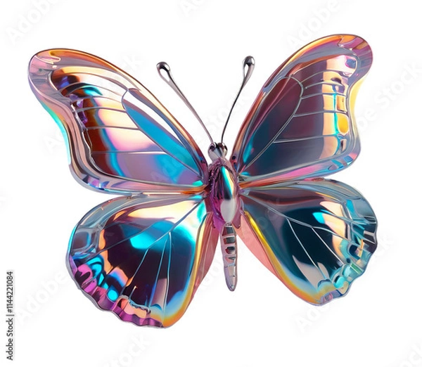 Fototapeta 3D chrome element in Y2K style, isolated background, liquid holographic metal. A butterfly with rainbow colors, metallic finish.
