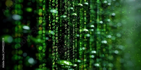 Fototapeta A dynamic green code cascade representing the digital world and data flow in modern technology.