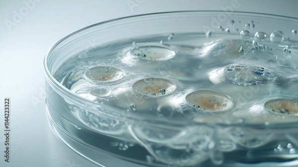 Fototapeta Petri dish with liquid and bubbles.