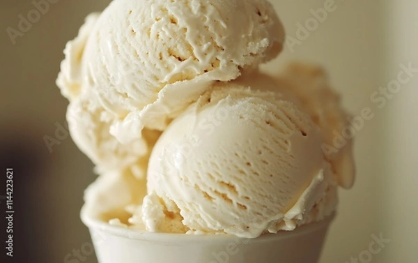 Obraz Three scoops of creamy vanilla ice cream in a white cup.