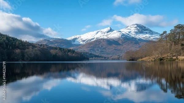 Fototapeta Snowy mountains reflect in the calm lake under a clear blue sky. Nature’s beauty shines brightly in this serene landscape. Perfect for tranquility.