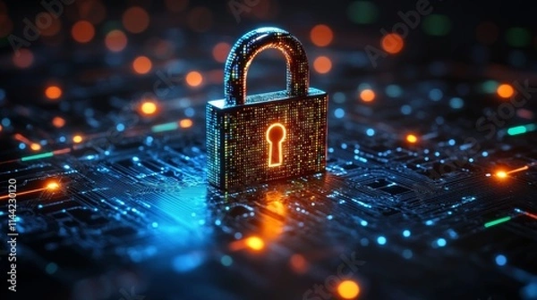 Fototapeta Digital lock on a circuit board representing cybersecurity and data protection innovation.